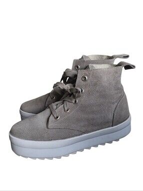 Shellys London Gray Suede Platform Ankle Boots Lug Sole Lace Up Sz 39 | 8.5